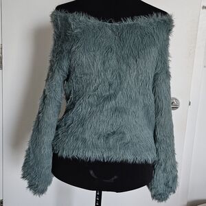 Murua Gyaru Soft Shaggy Knit Off Shoulder Sweater Stormy Teal